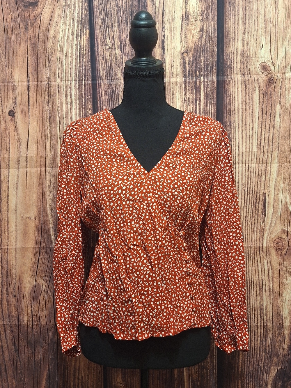 Madewell Rust Orange Printed V-Neck Peplum Blouse Size Small